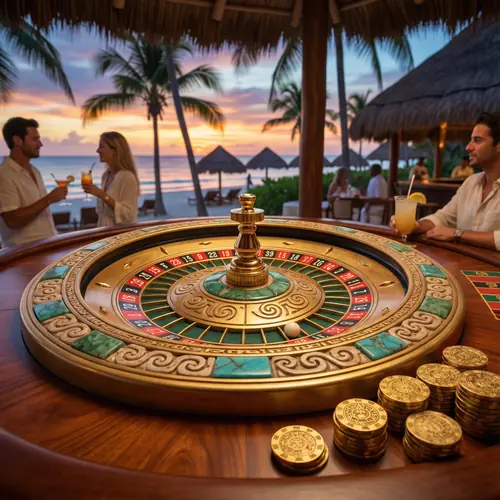 Ruleta dorada con acentos turquesa y patrones mayas - Casino de lujo